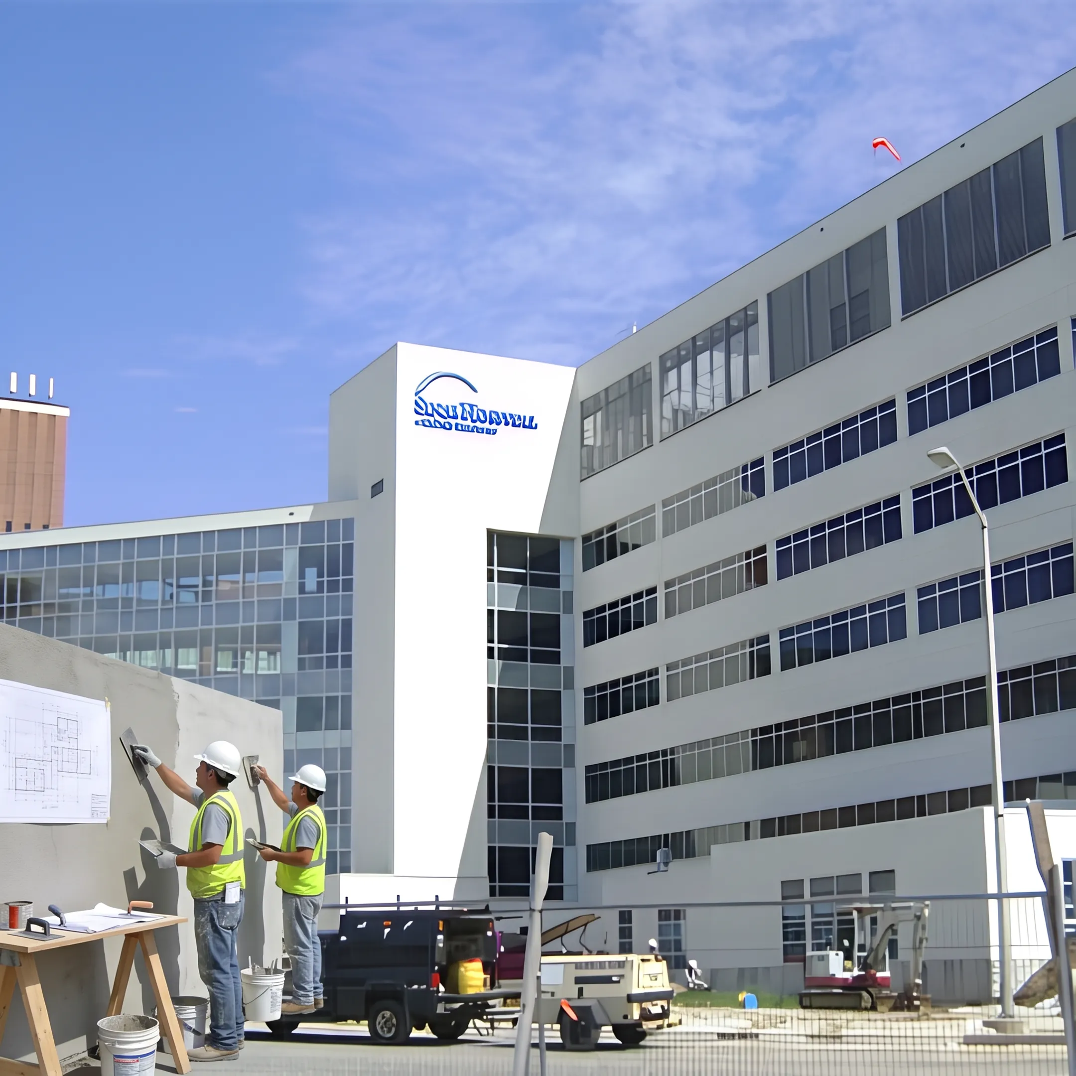 Workers applying commercial exterior wall system