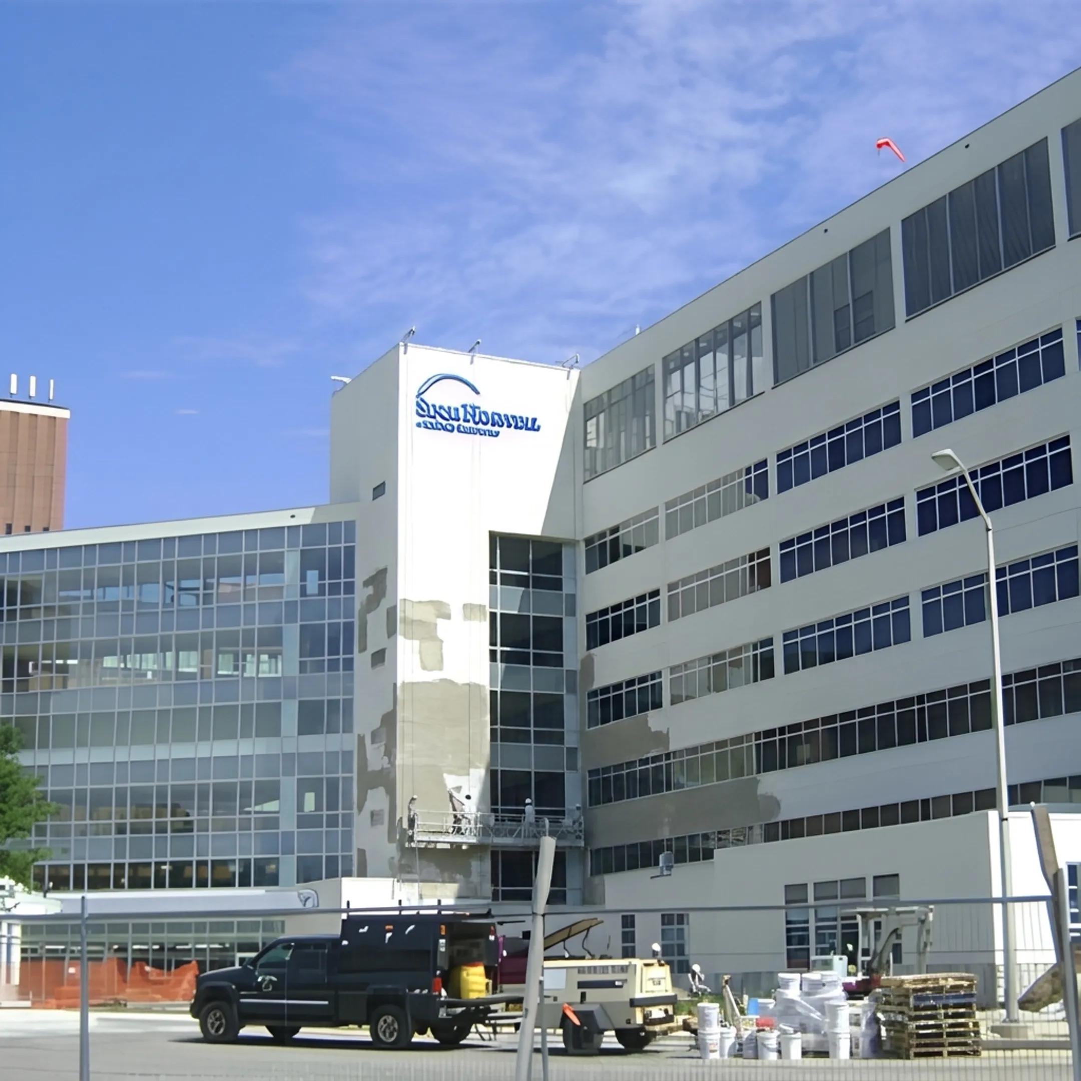 EIFS repair and coating work on a commercial building exterior