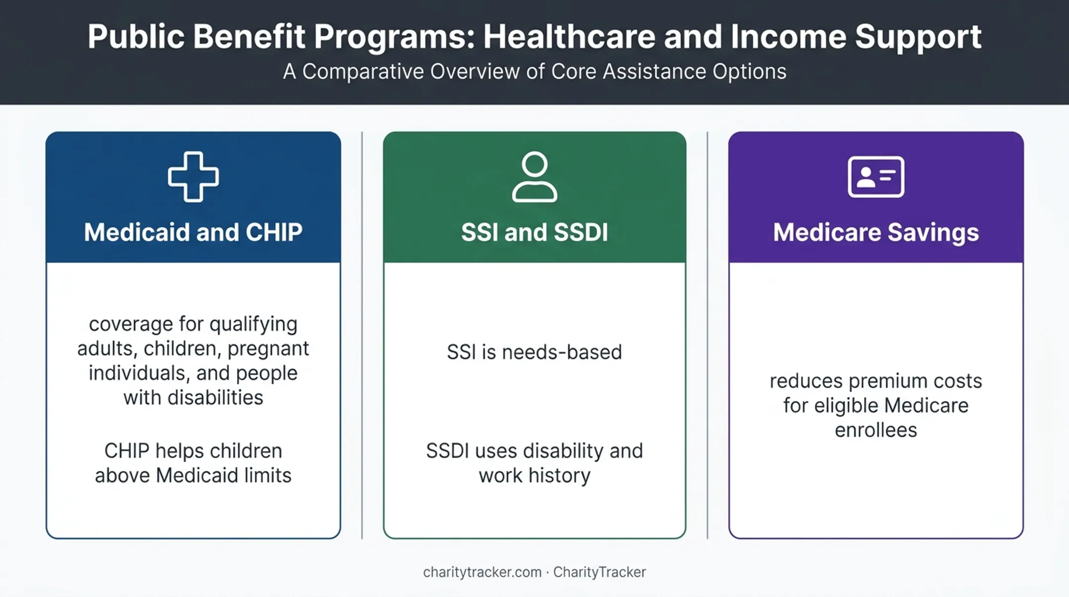 Healthcare and disability assistance programs comparison infographic