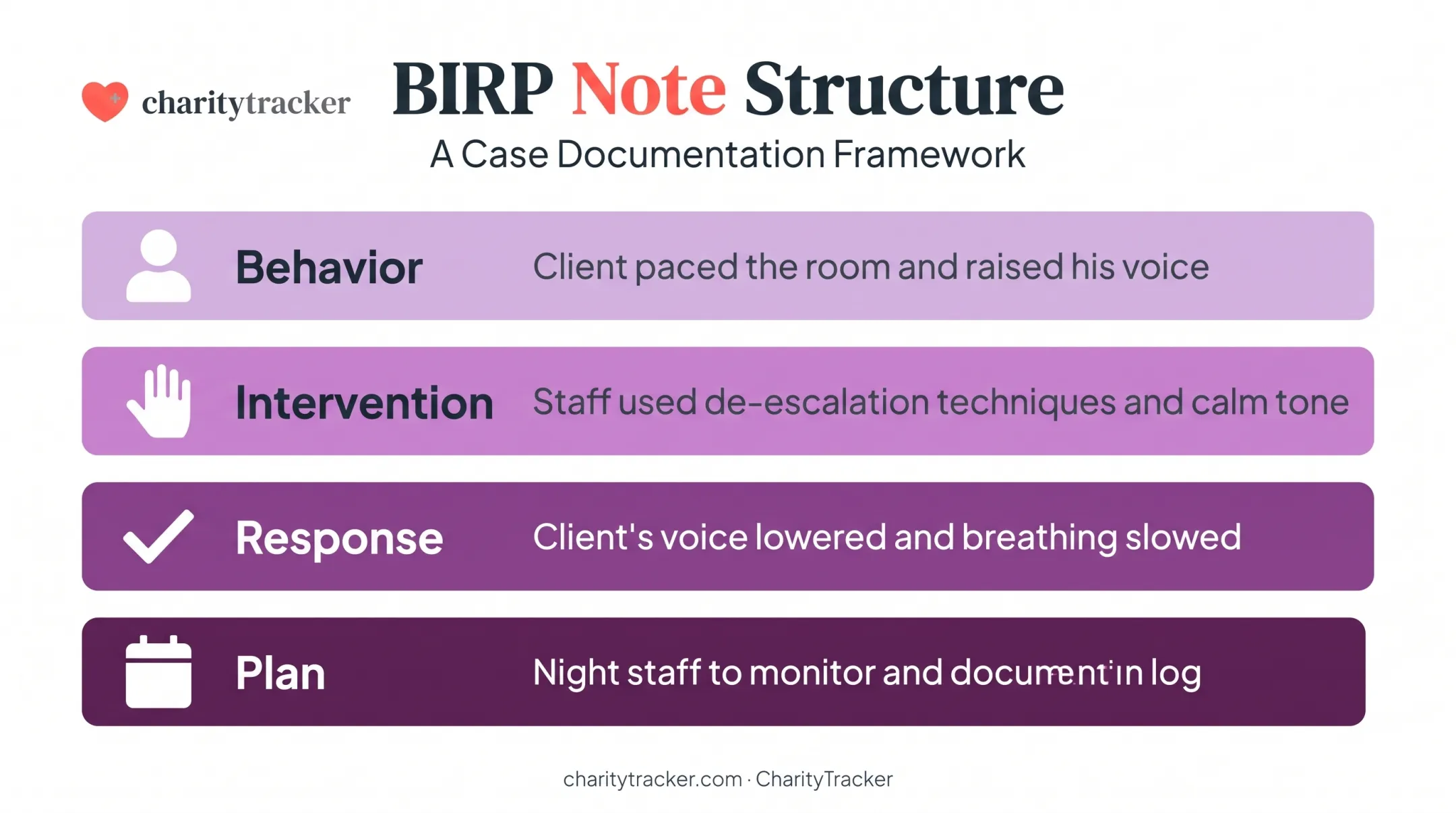 BIRP documentation format example showing behavior intervention response plan