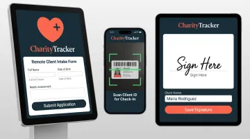 CharityTracker platform interface displaying remote intake and digital signature tools