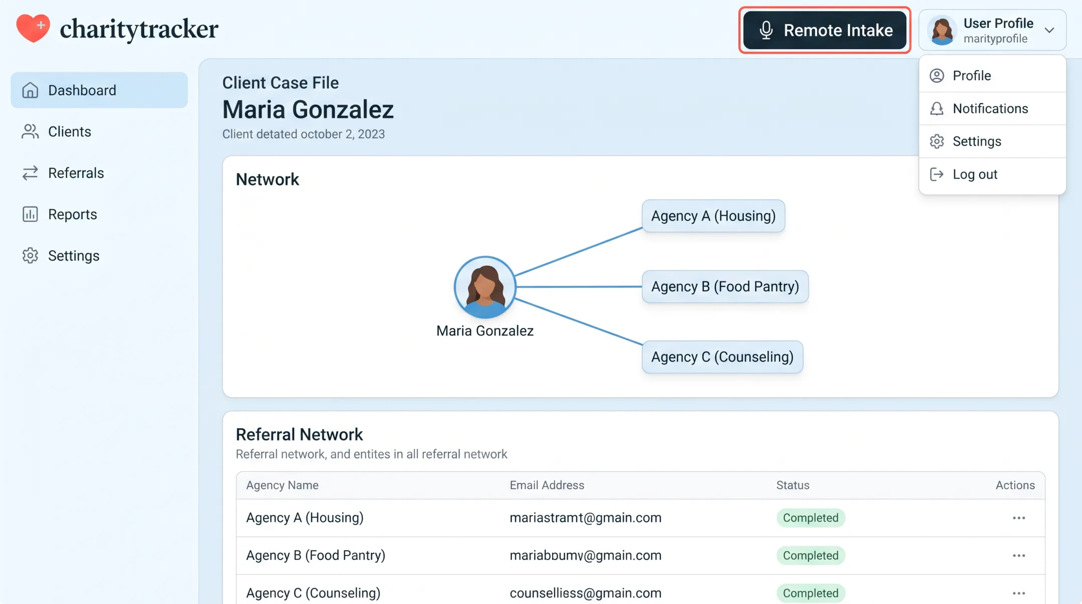 CharityTracker case management dashboard showing client referrals and intake tools