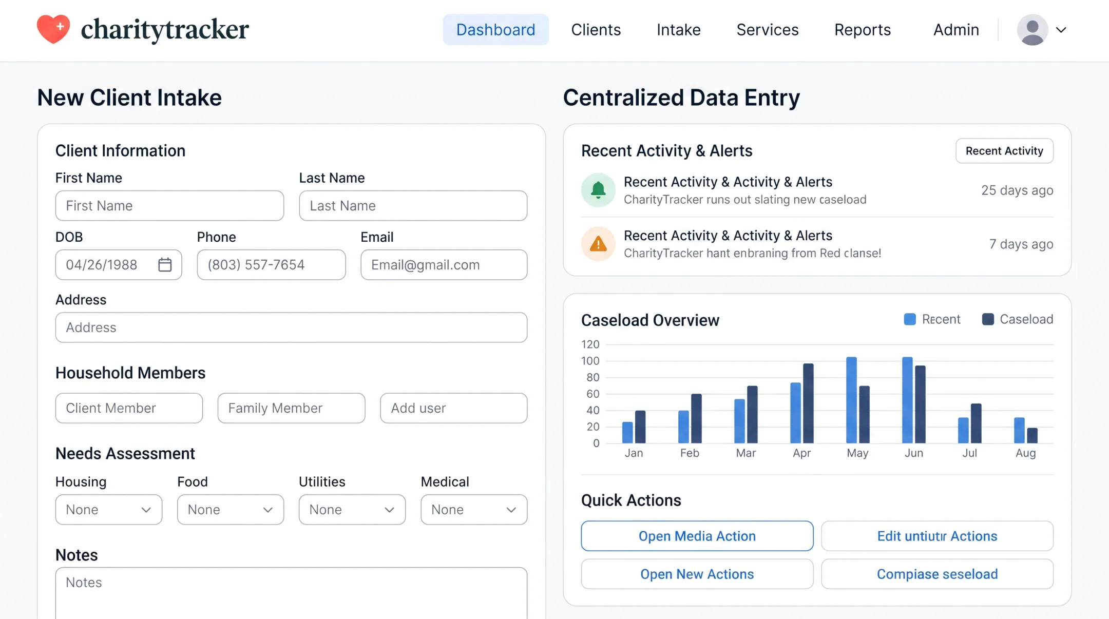 CharityTracker case management dashboard showing client intake and data entry