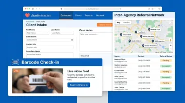 CharityTracker case management dashboard showing client intake and referral tracking