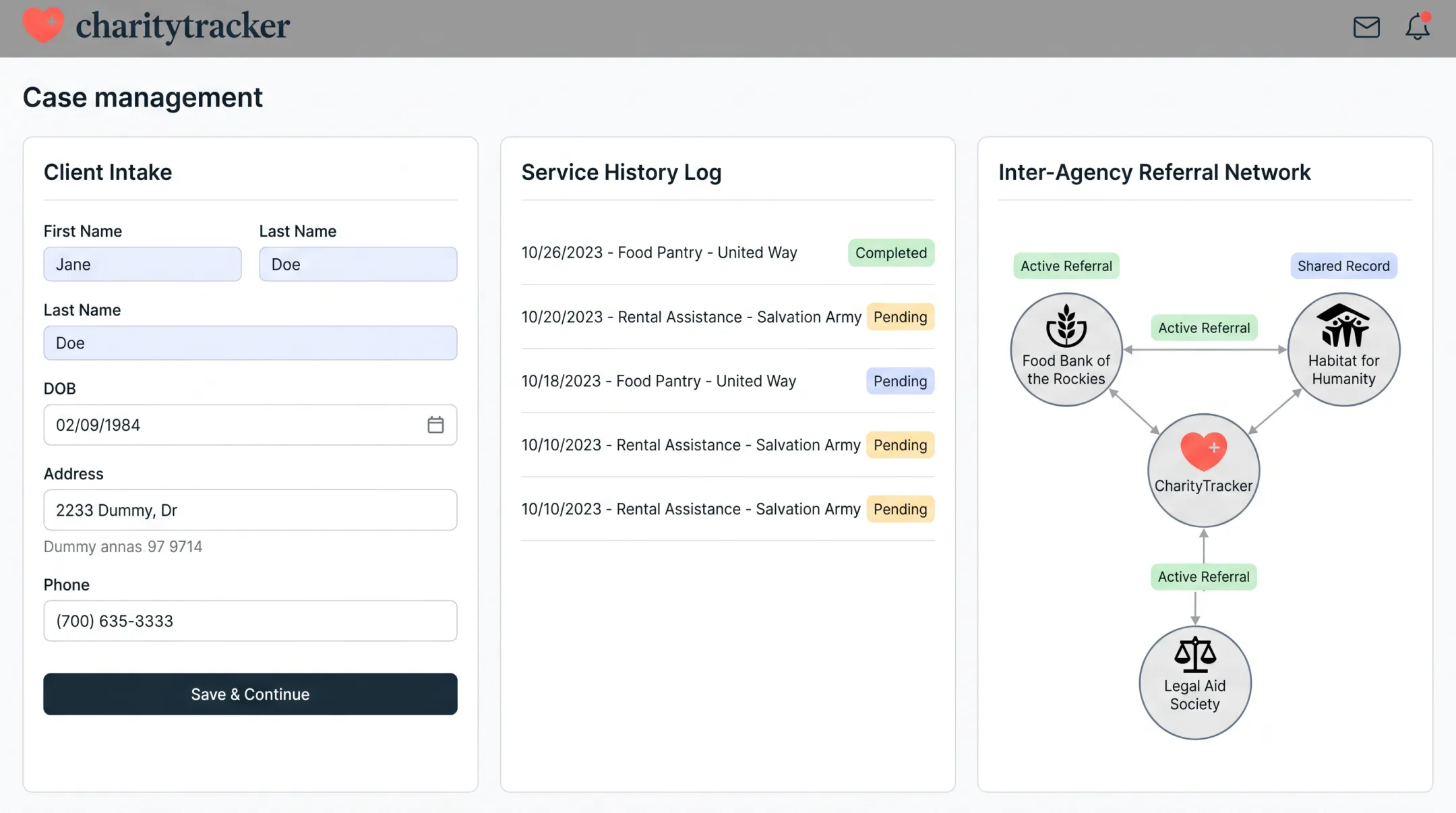 CharityTracker case management dashboard showing client intake and referral tracking