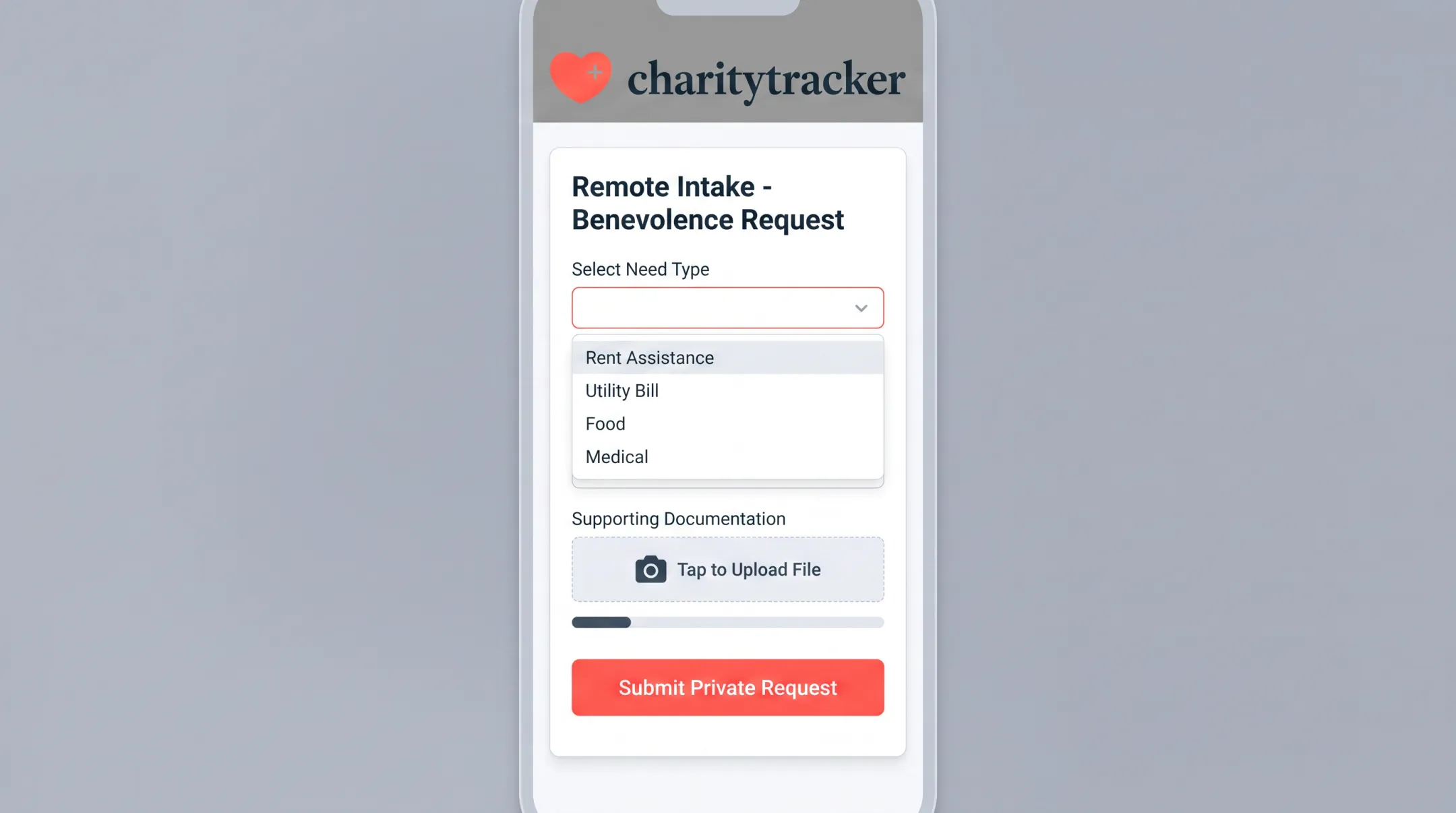 CharityTracker remote intake interface for confidential benevolence assistance requests