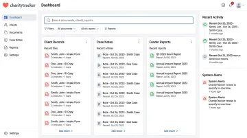 CharityTracker platform dashboard showing searchable client document repository