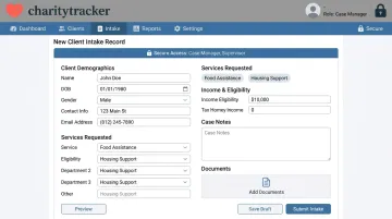 CharityTracker digital intake platform interface showing client record management