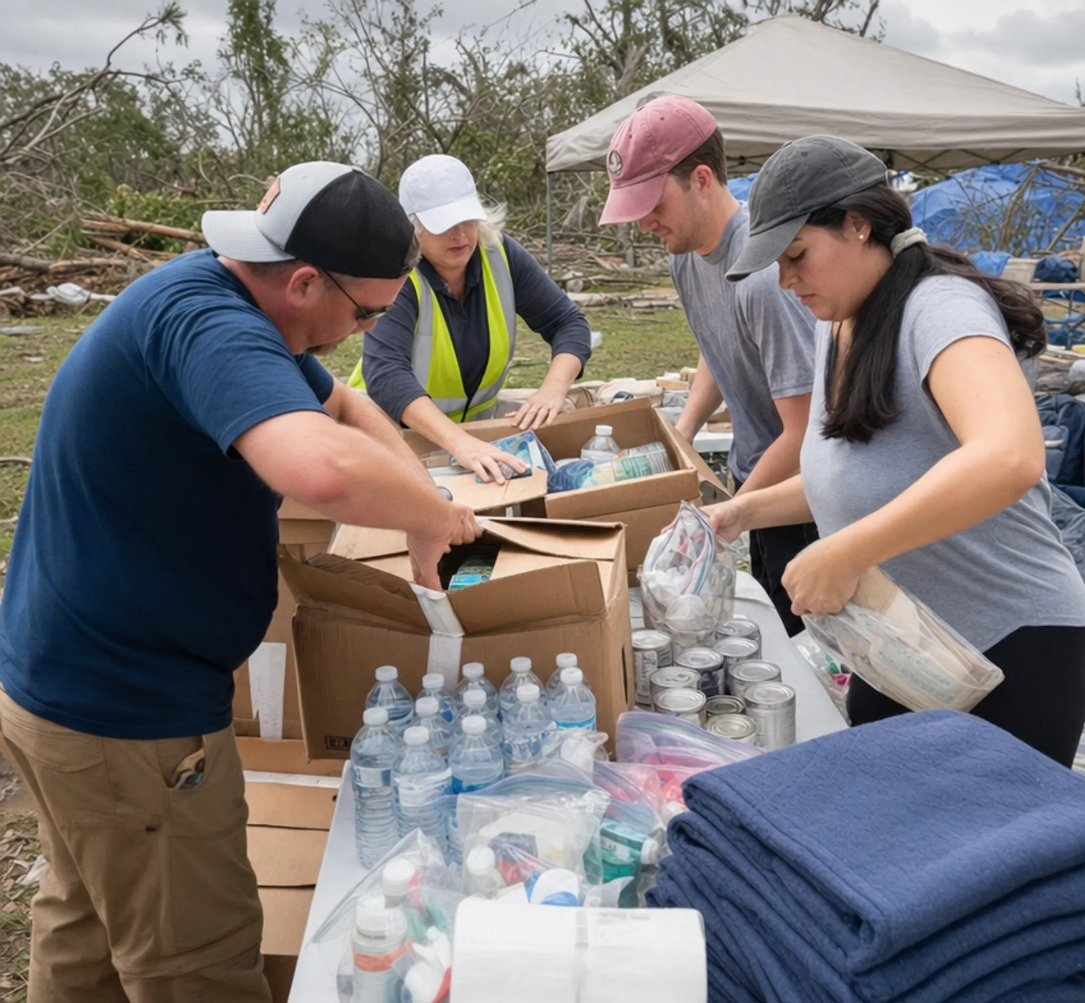 Disaster relief teams coordinating shelter feeding and assistance operations