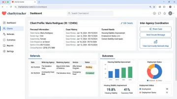 CharityTracker case management dashboard displaying client records and referral network