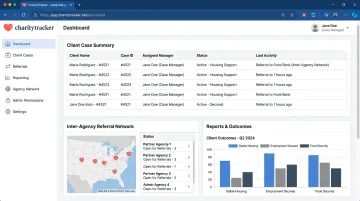 CharityTracker case management dashboard displaying inter-agency referral network and reporting tools