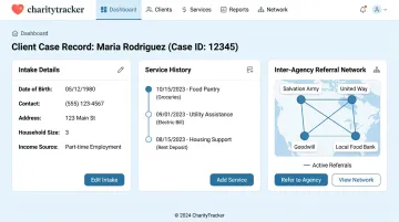 CharityTracker software dashboard showing client records and inter-agency referral network