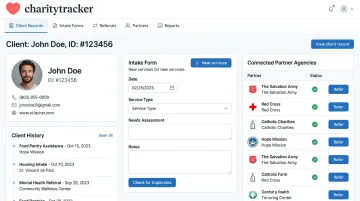 CharityTracker case management dashboard showing client history and referral network