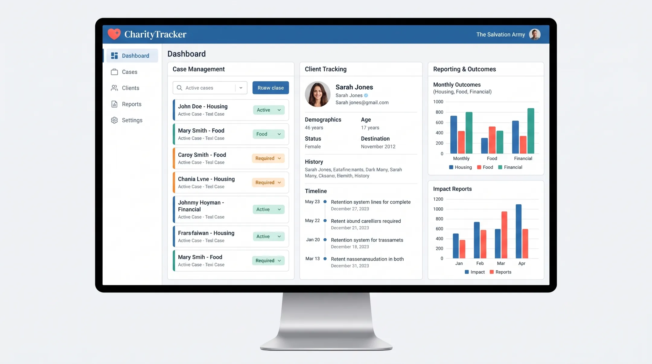 CharityTracker dashboard displaying case management and reporting metrics
