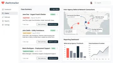 CharityTracker dashboard displaying client case records and referral network