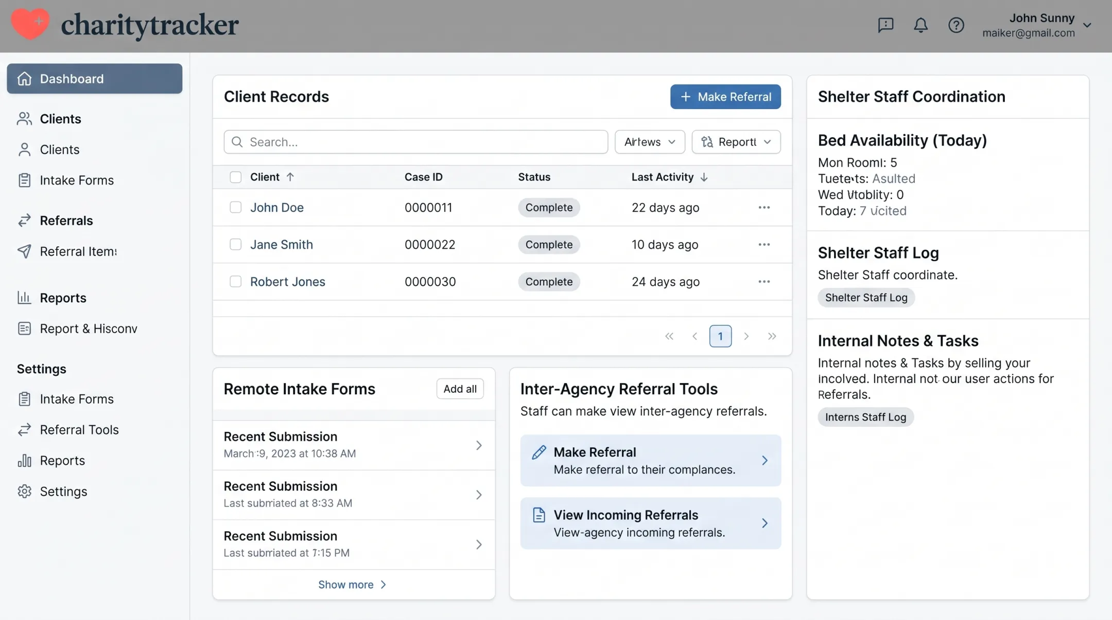 CharityTracker case management dashboard showing client records and referrals