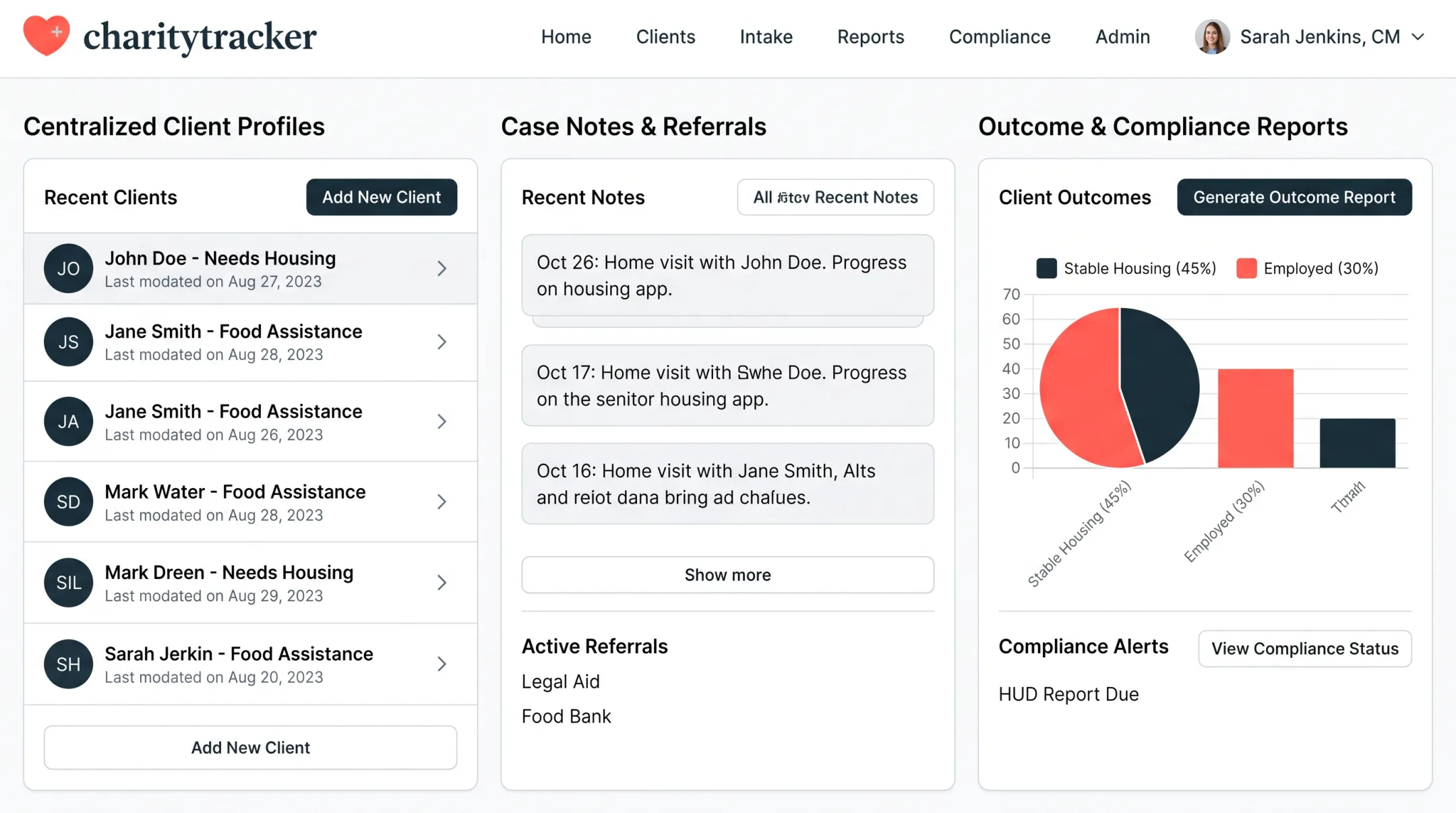 CharityTracker case management software dashboard showing client history and reporting