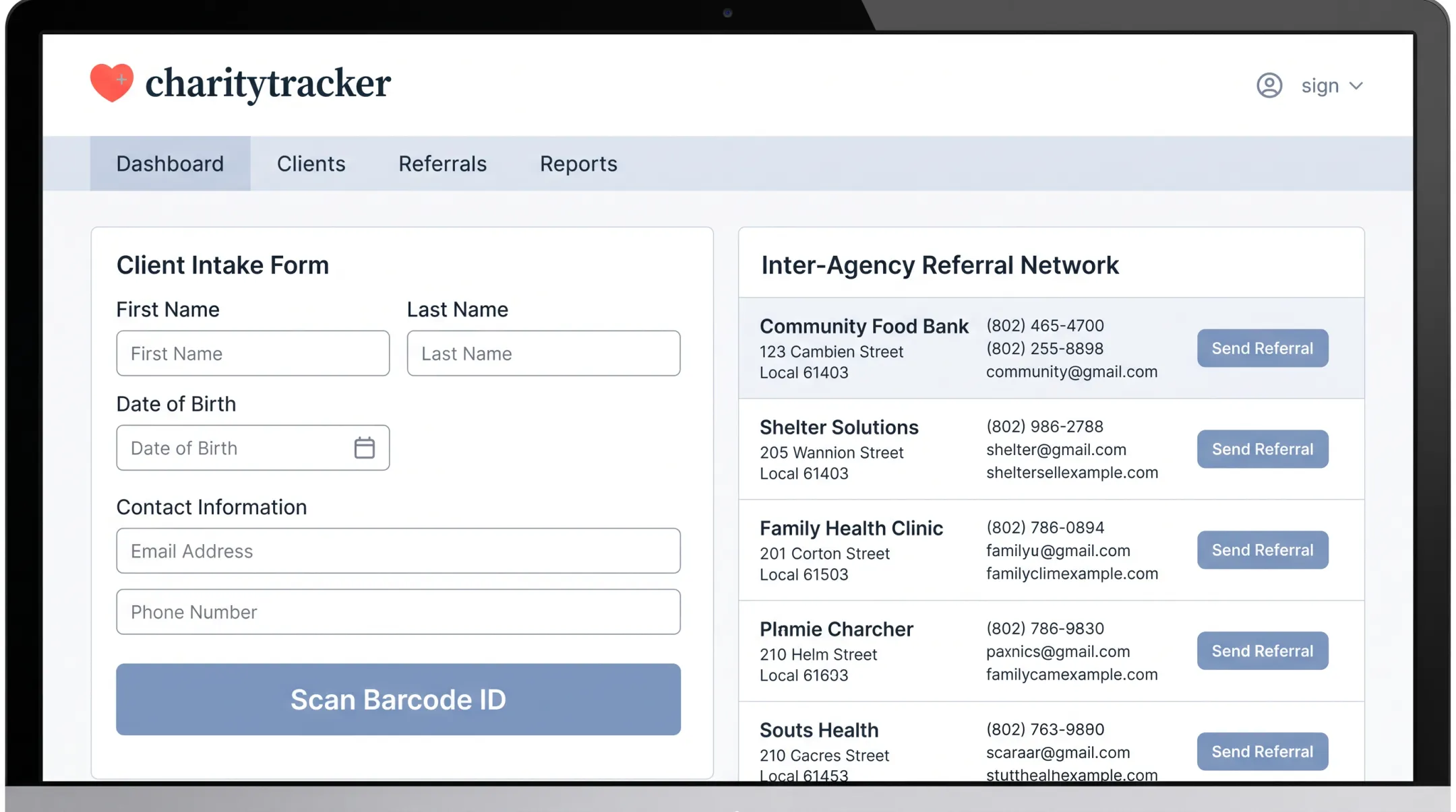 CharityTracker case management dashboard showing client intake and referral network