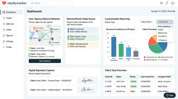 CharityTracker software dashboard displaying case management features and reporting tools