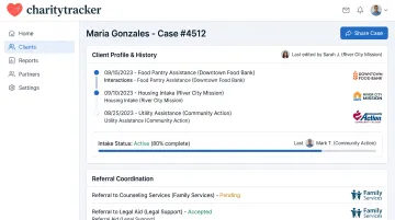 CharityTracker case management dashboard showing shared client records interface