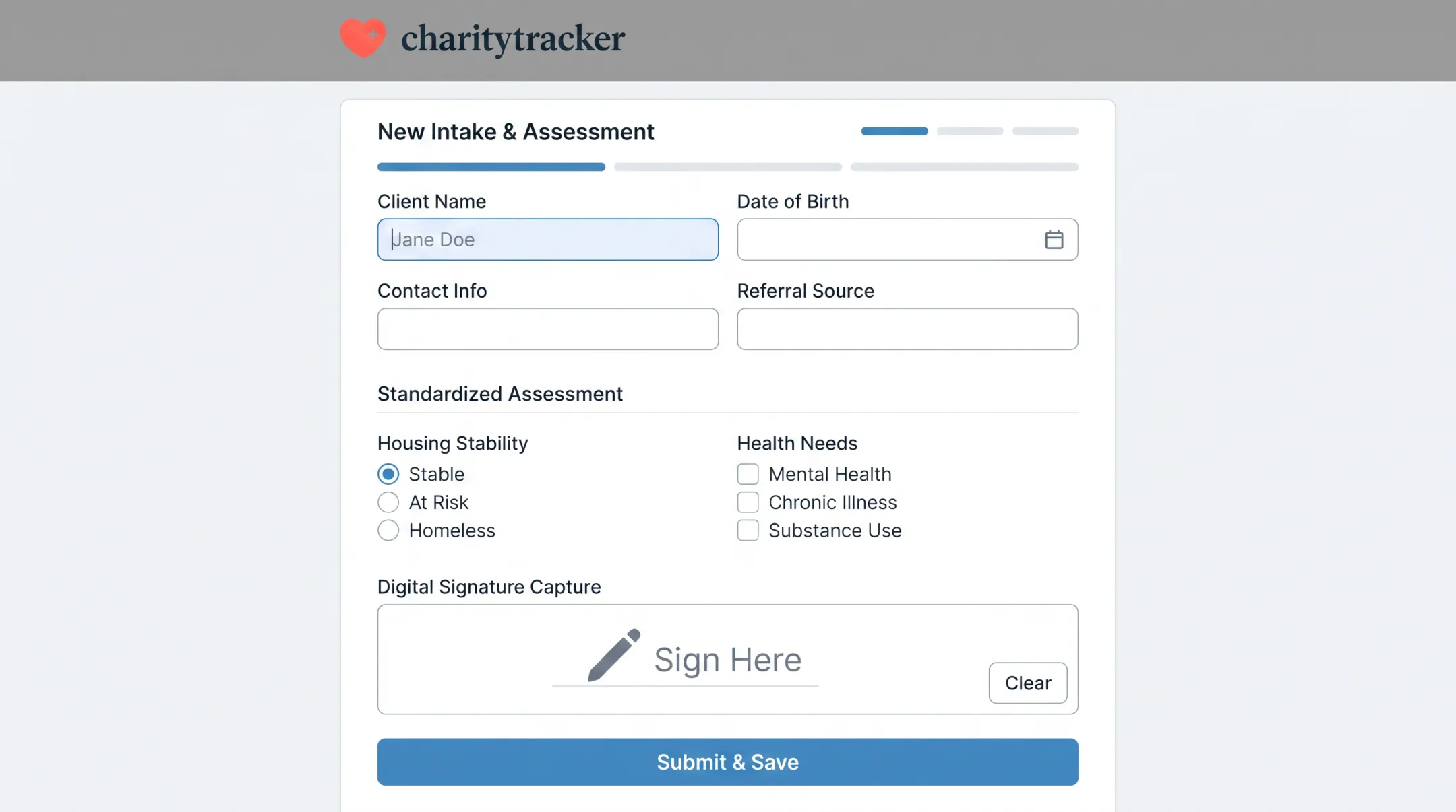 Digital intake form interface reducing data entry errors for case managers