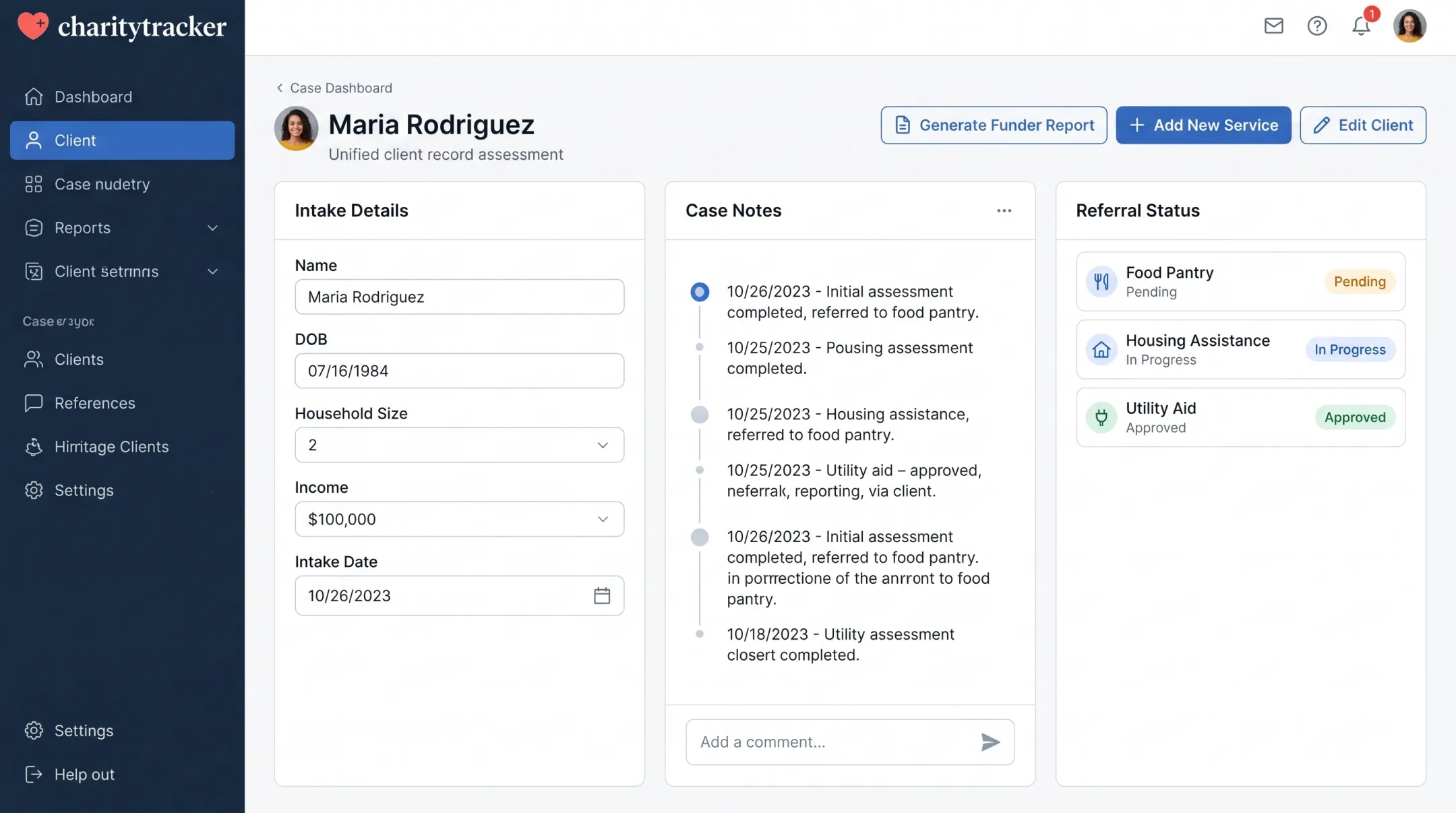 CharityTracker case management dashboard showing client records and referral network
