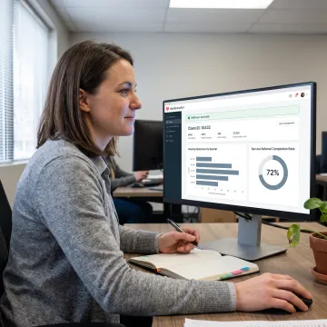 Caseworker reviewing nonprofit client data