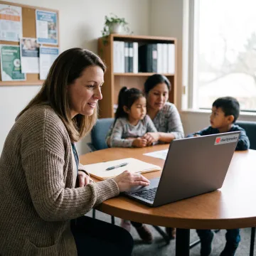 Caseworker assisting an immigrant family with digital intake