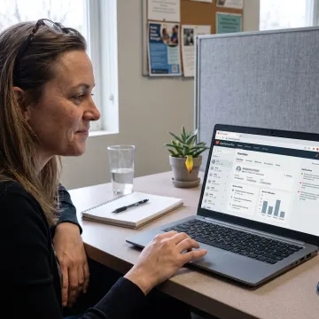 Caseworker reviewing nonprofit client outcomes dashboard