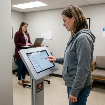 Client completing a digital intake form at a nonprofit kiosk