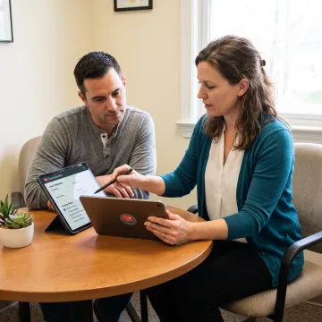 Caseworker helping a client complete a digital intake form