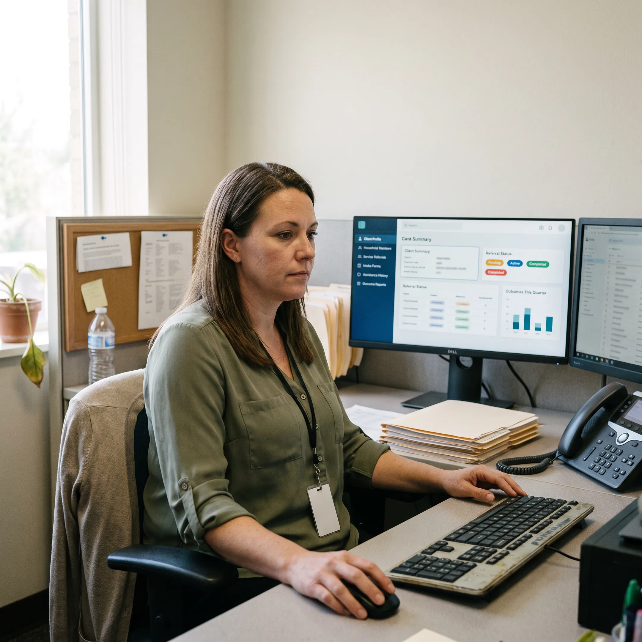Nonprofit caseworker using cloud-based case management database software