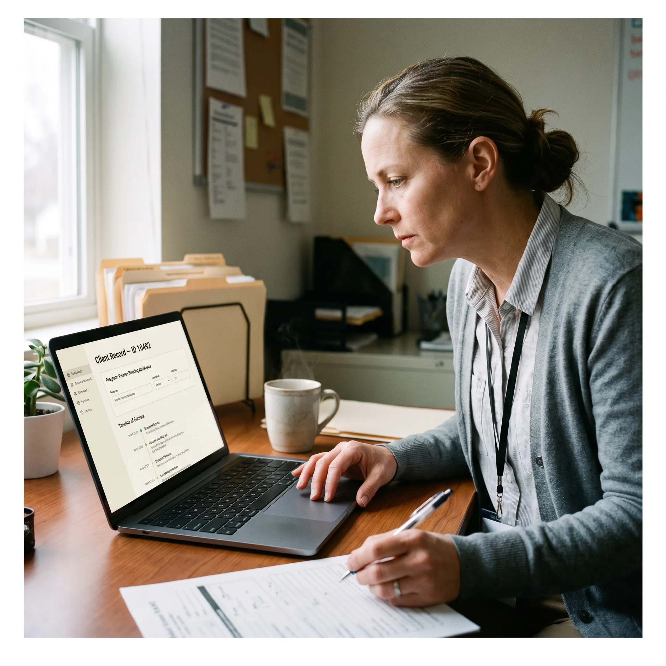 Caseworker using veteran services software to manage client records and referrals
