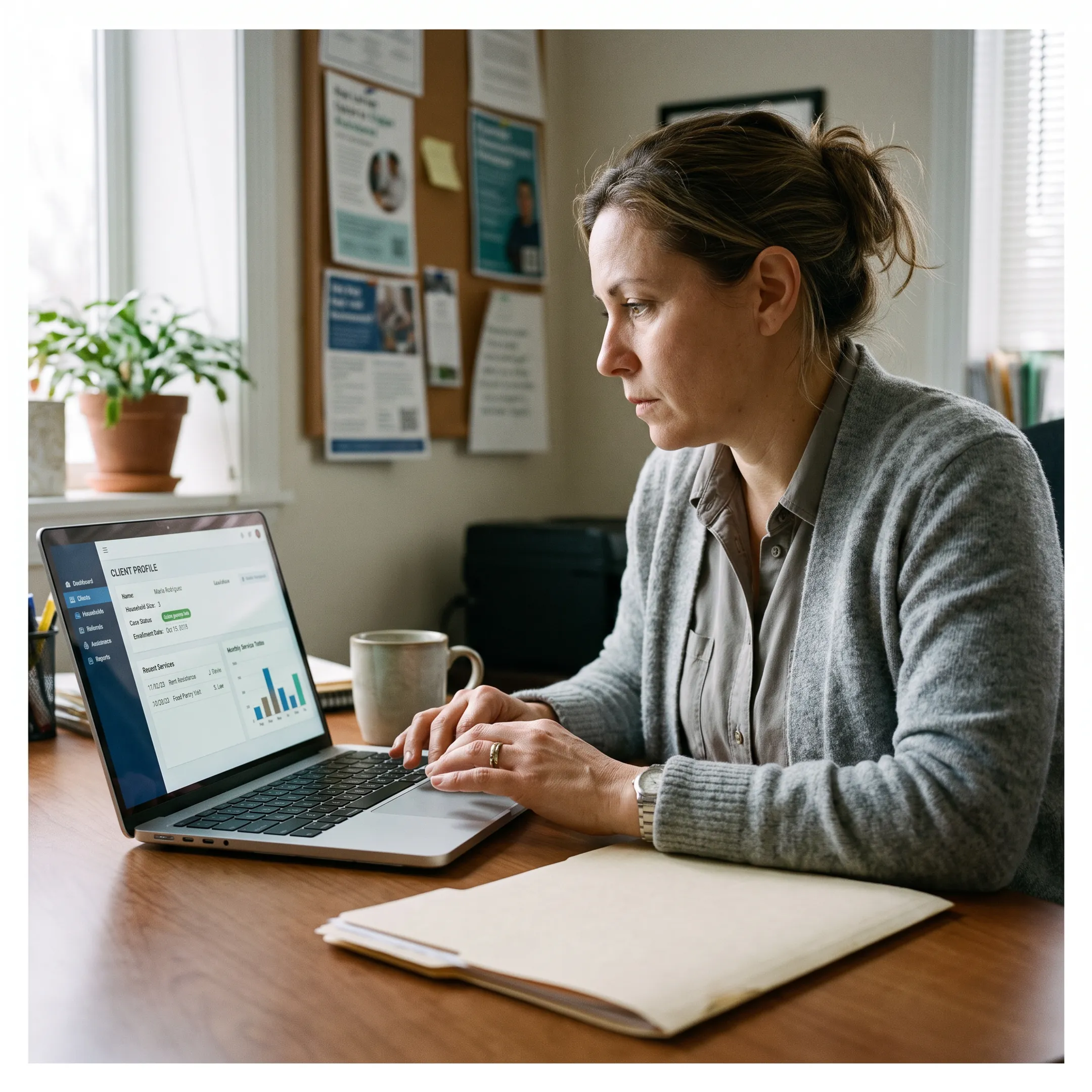 Caseworker using secure case management software to review client records