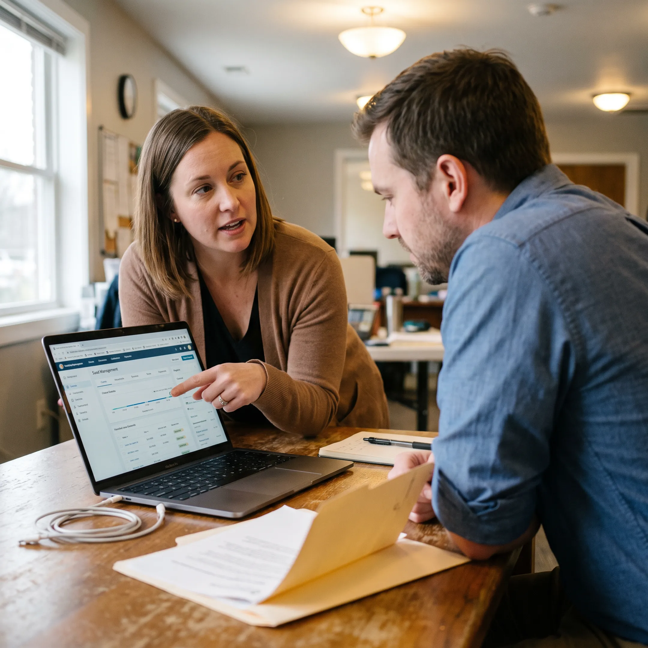 Social service team collaborating around secure client case records