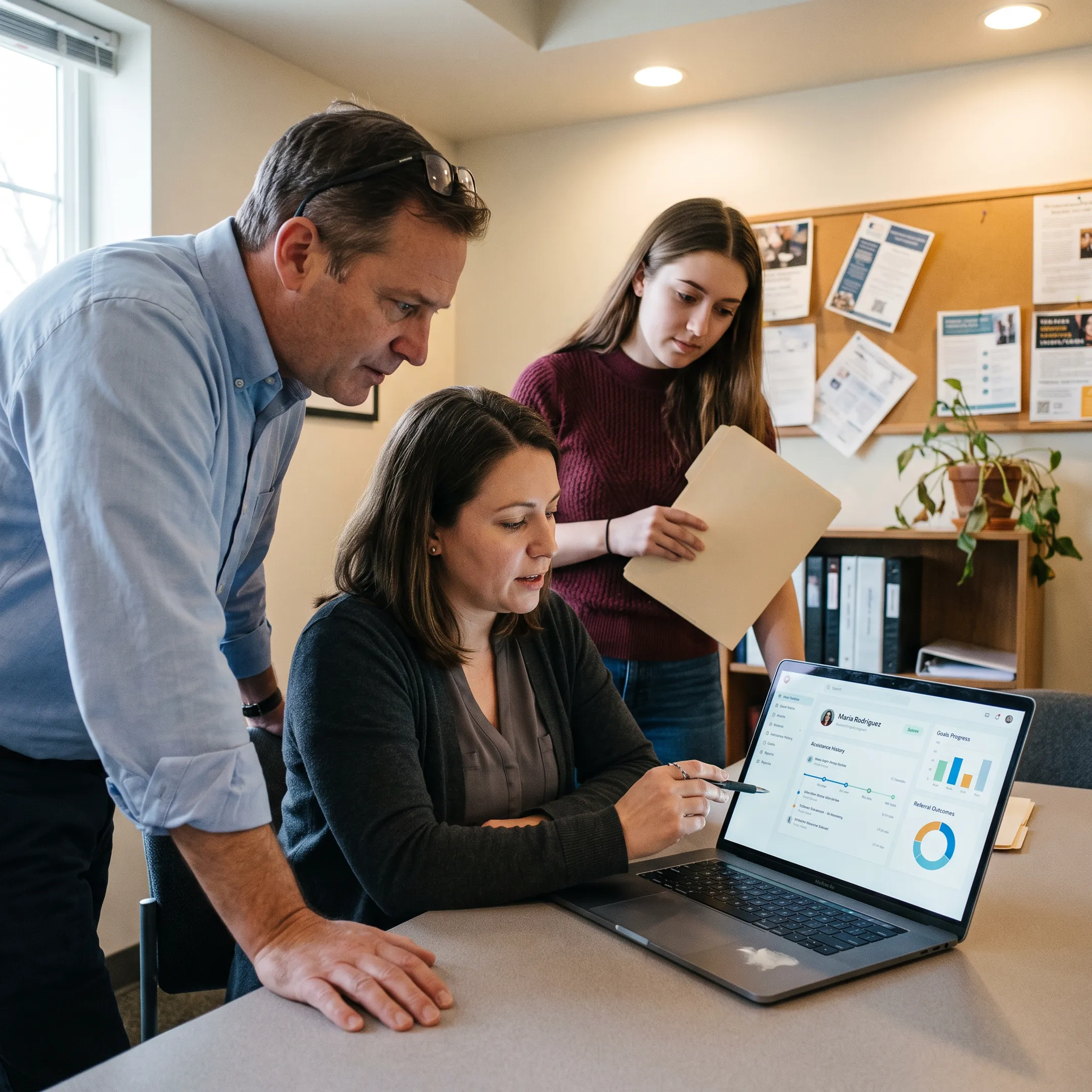 Nonprofit team coordinating client services with digital case management software
