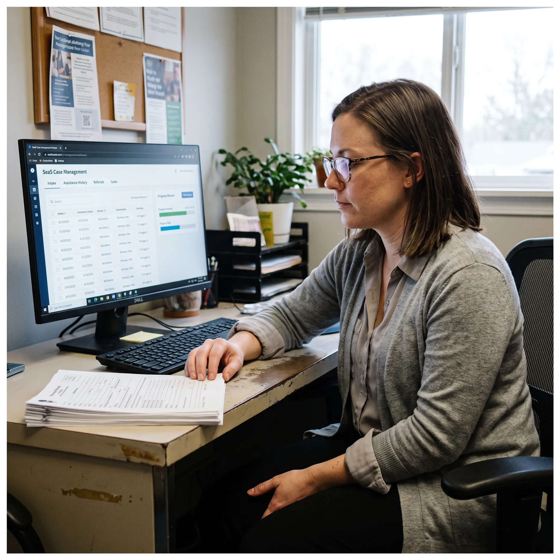 Nonprofit caseworker reviewing client records and service outcomes on a computer