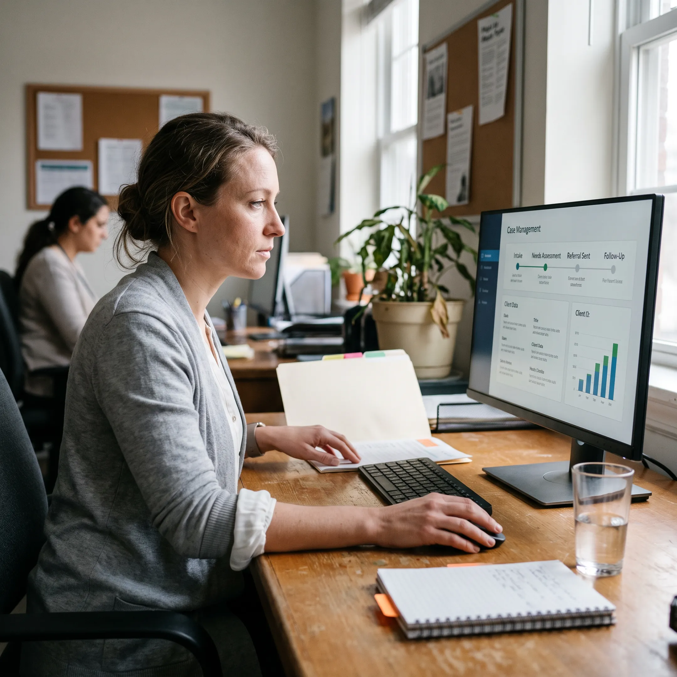 Nonprofit caseworker using a digital case management platform with client records and service data