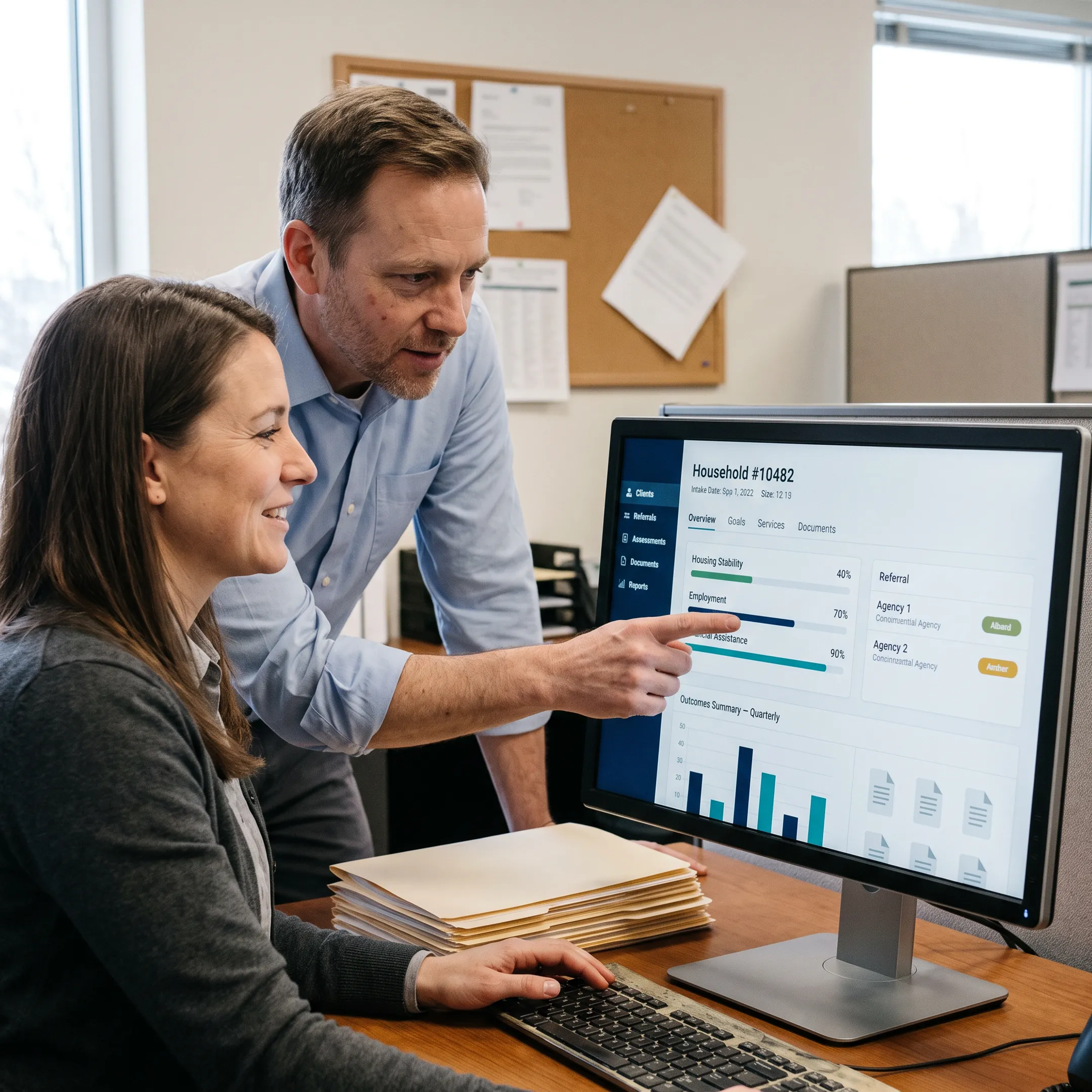 Nonprofit team coordinating client services through shared case management software
