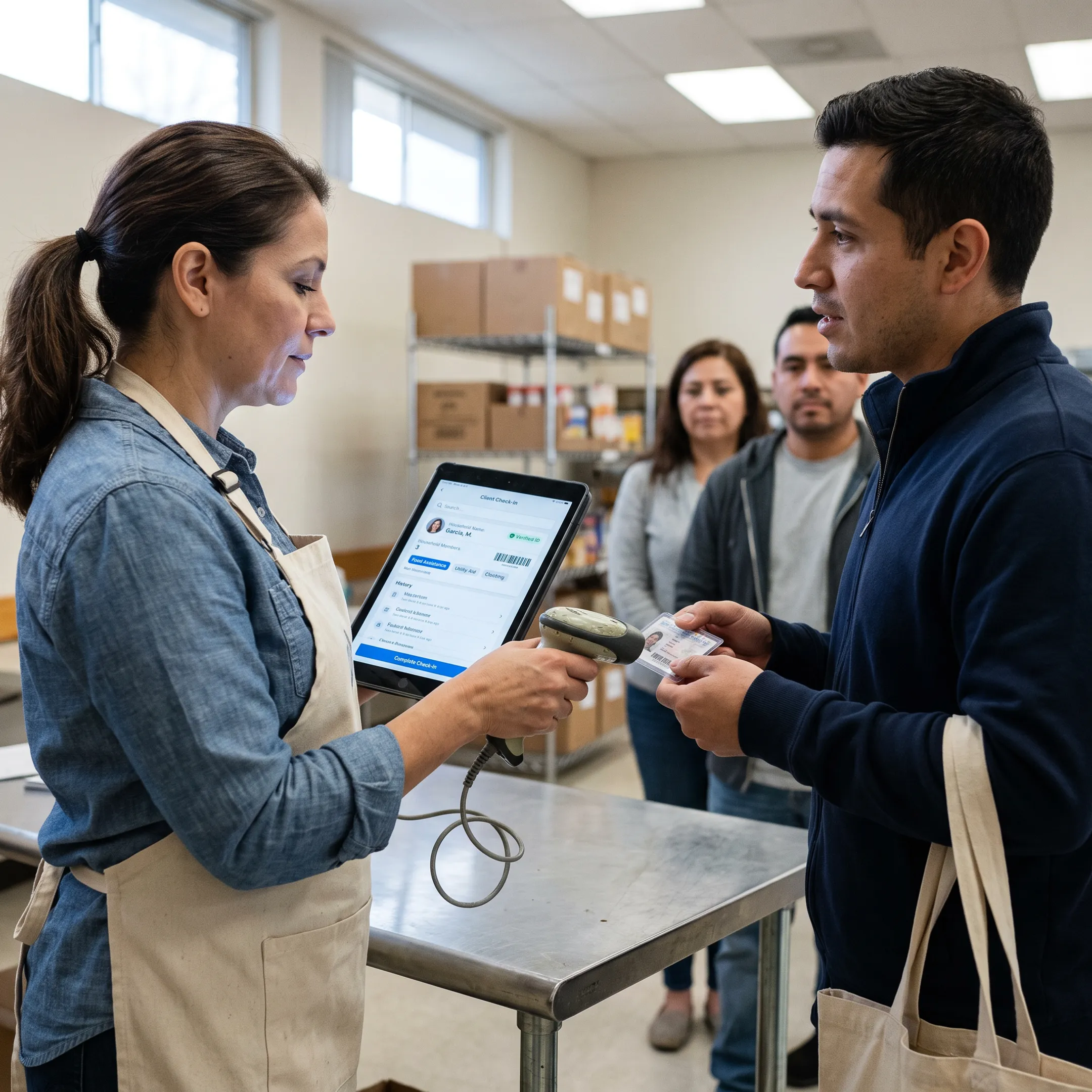 Food pantry staff using a client check-in app at a community distribution