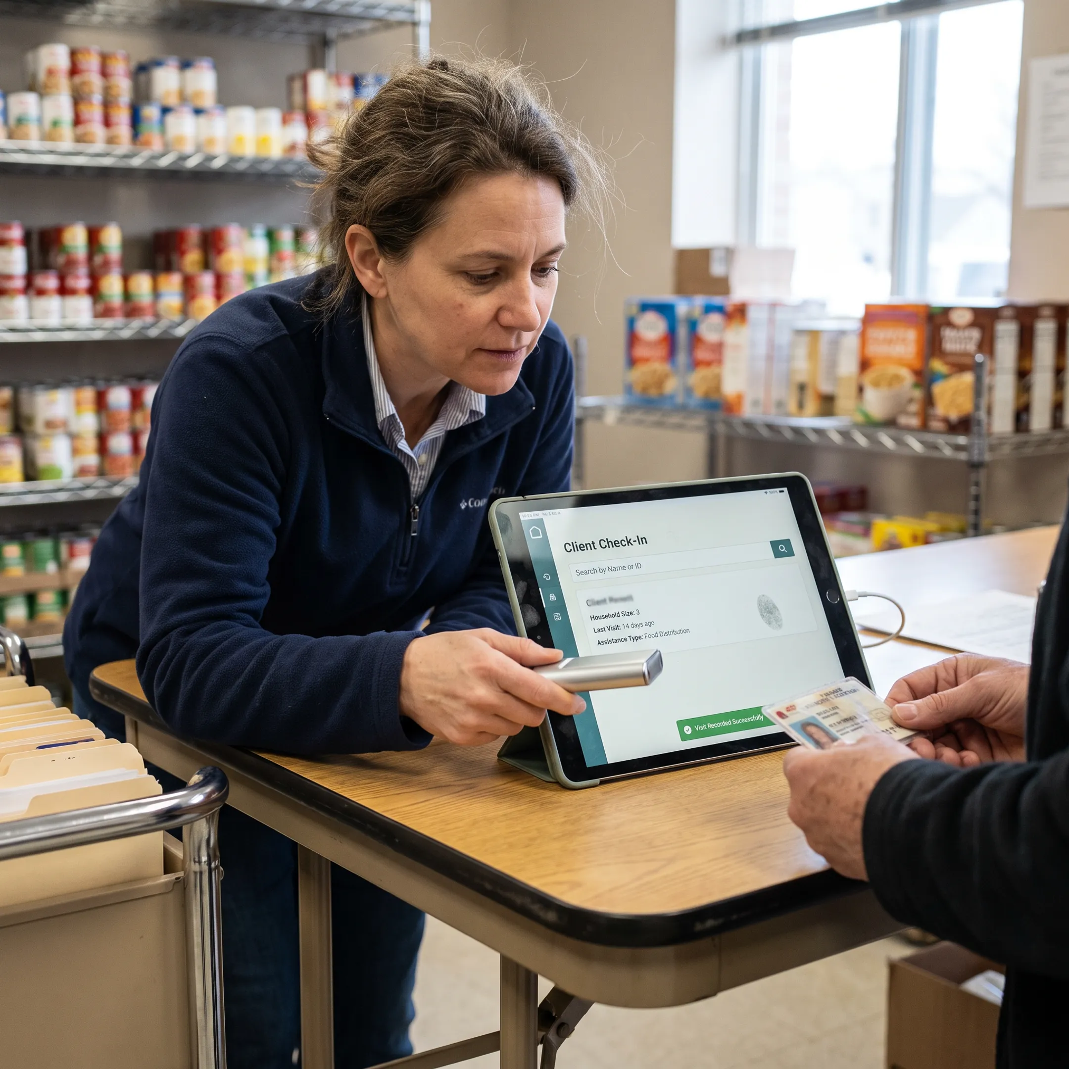 Pantry worker scanning a client ID during digital check-in