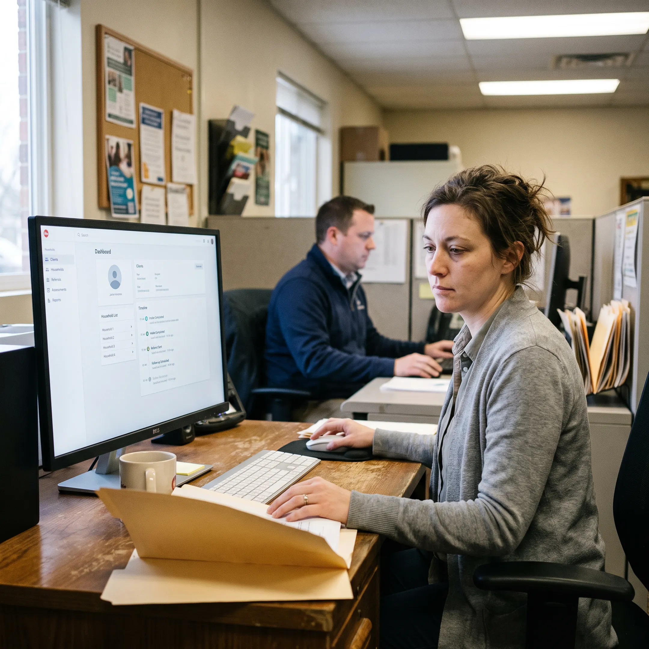 Nonprofit caseworker using client management software to coordinate community services