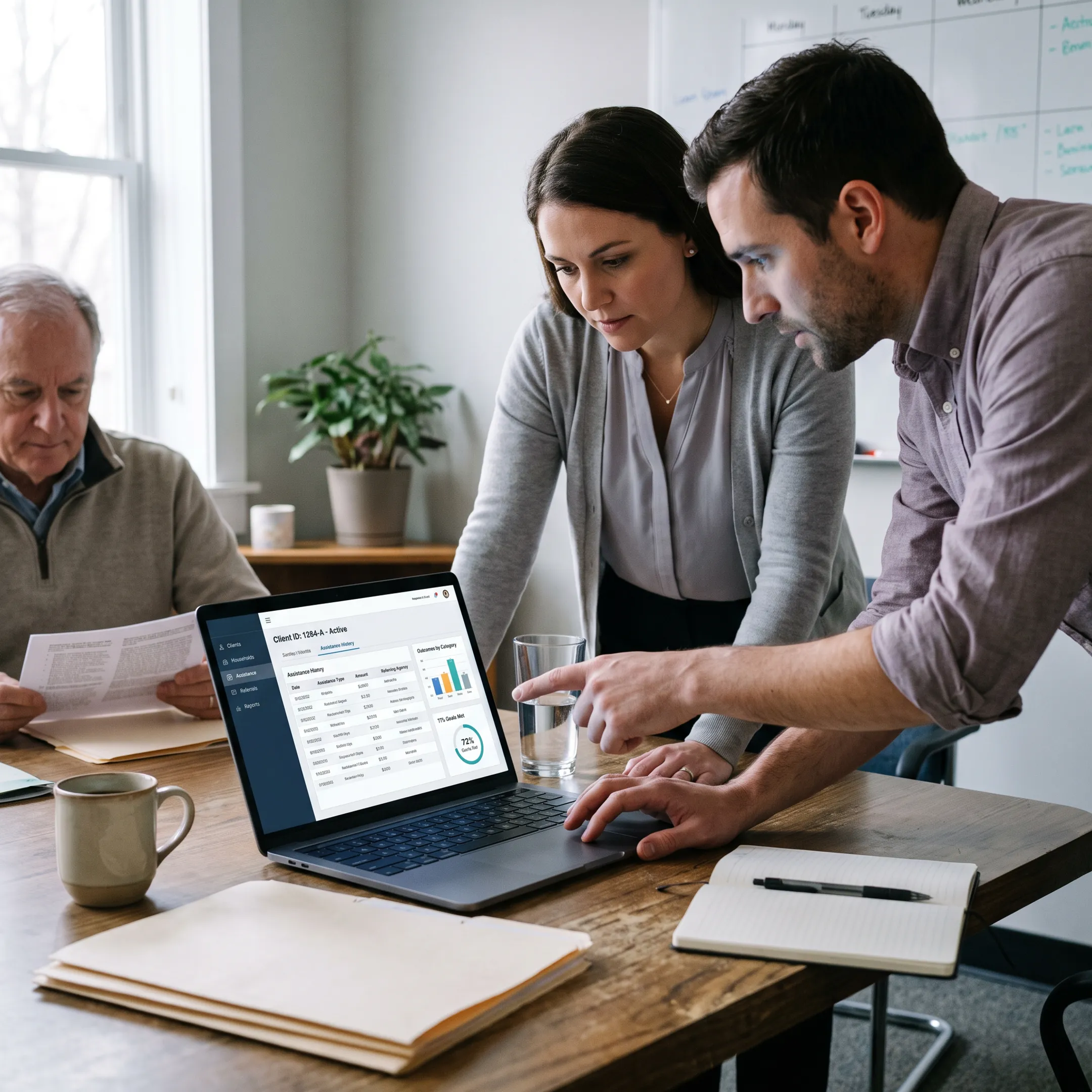 Nonprofit team collaborating around centralized client case management software