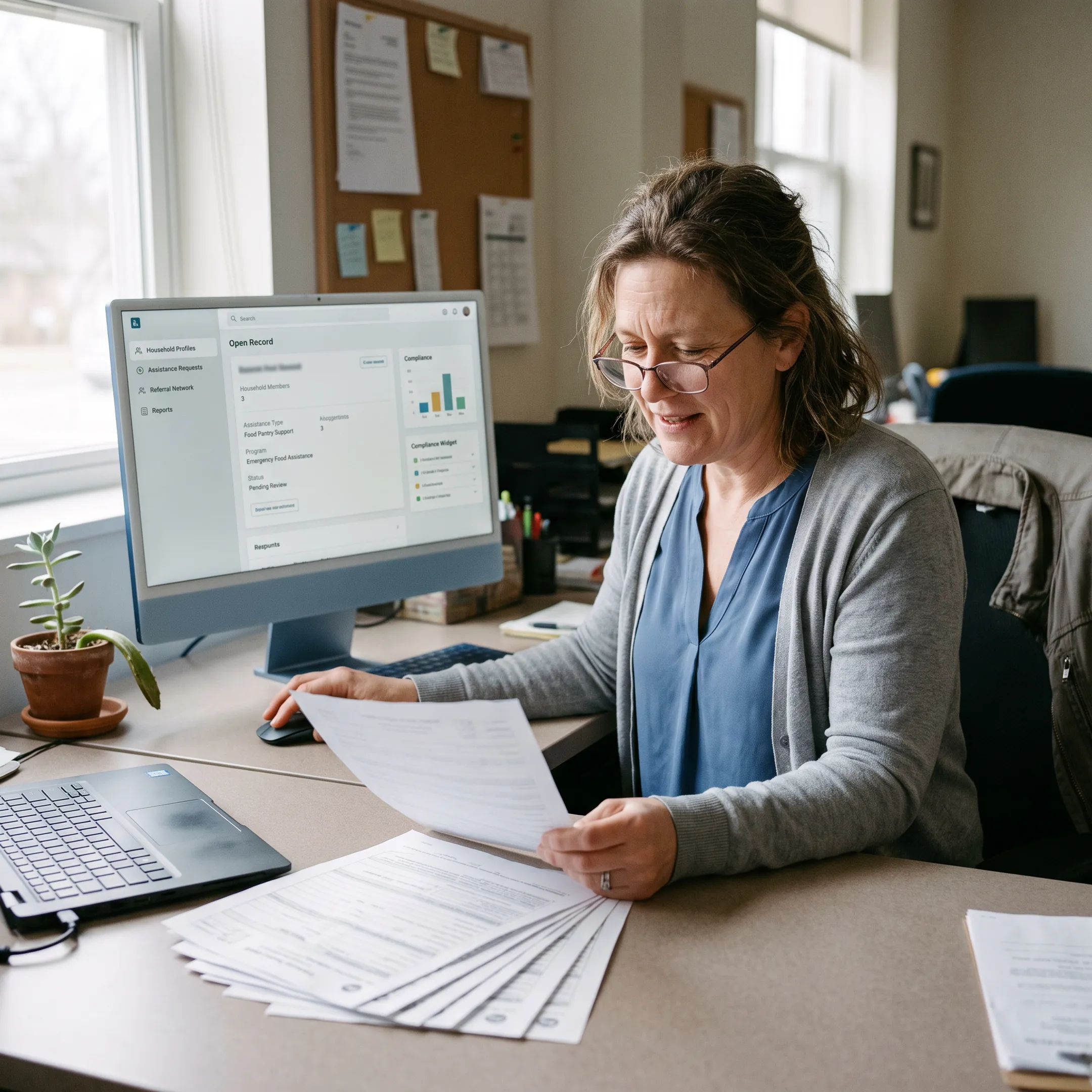 Staff member using nonprofit intake and reporting software for food assistance records