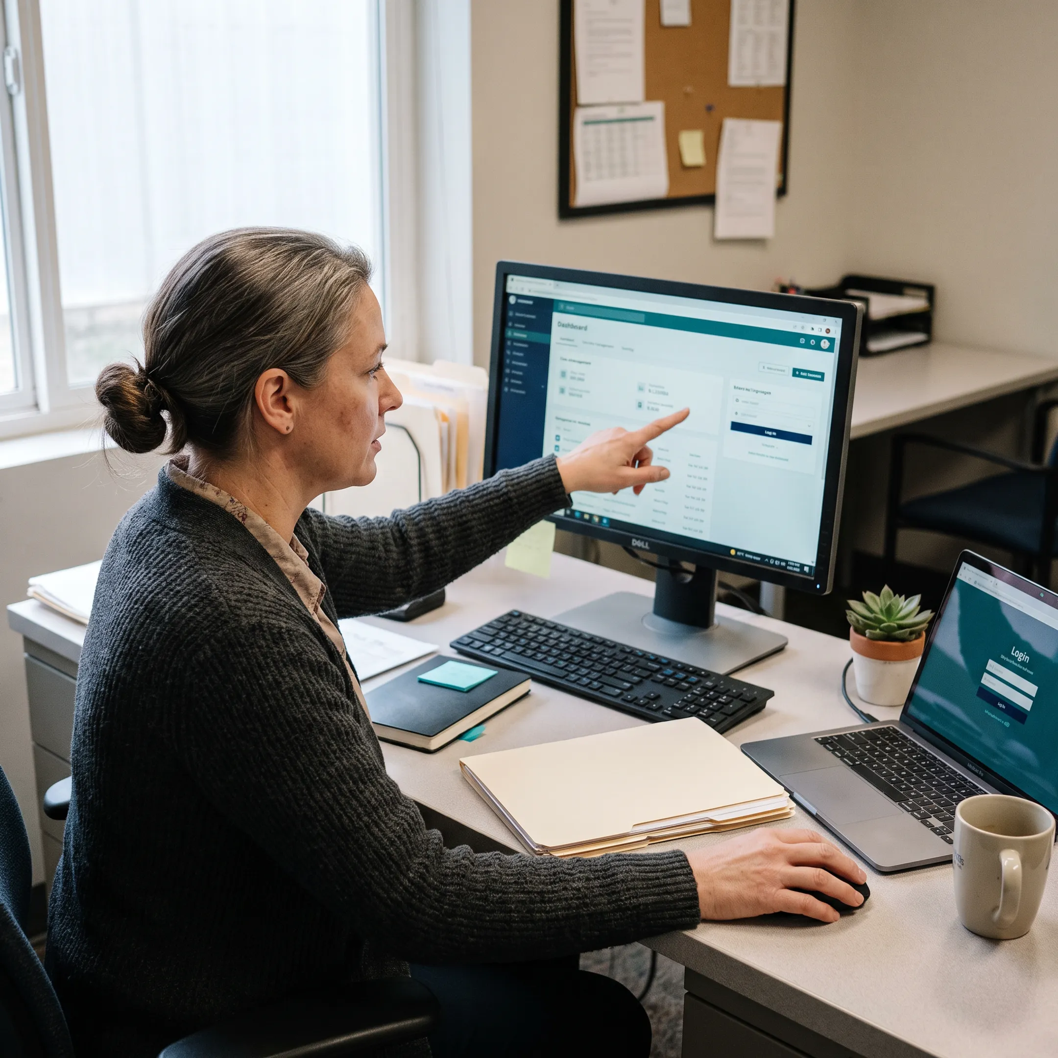 Caseworker reviewing veteran service records on a laptop