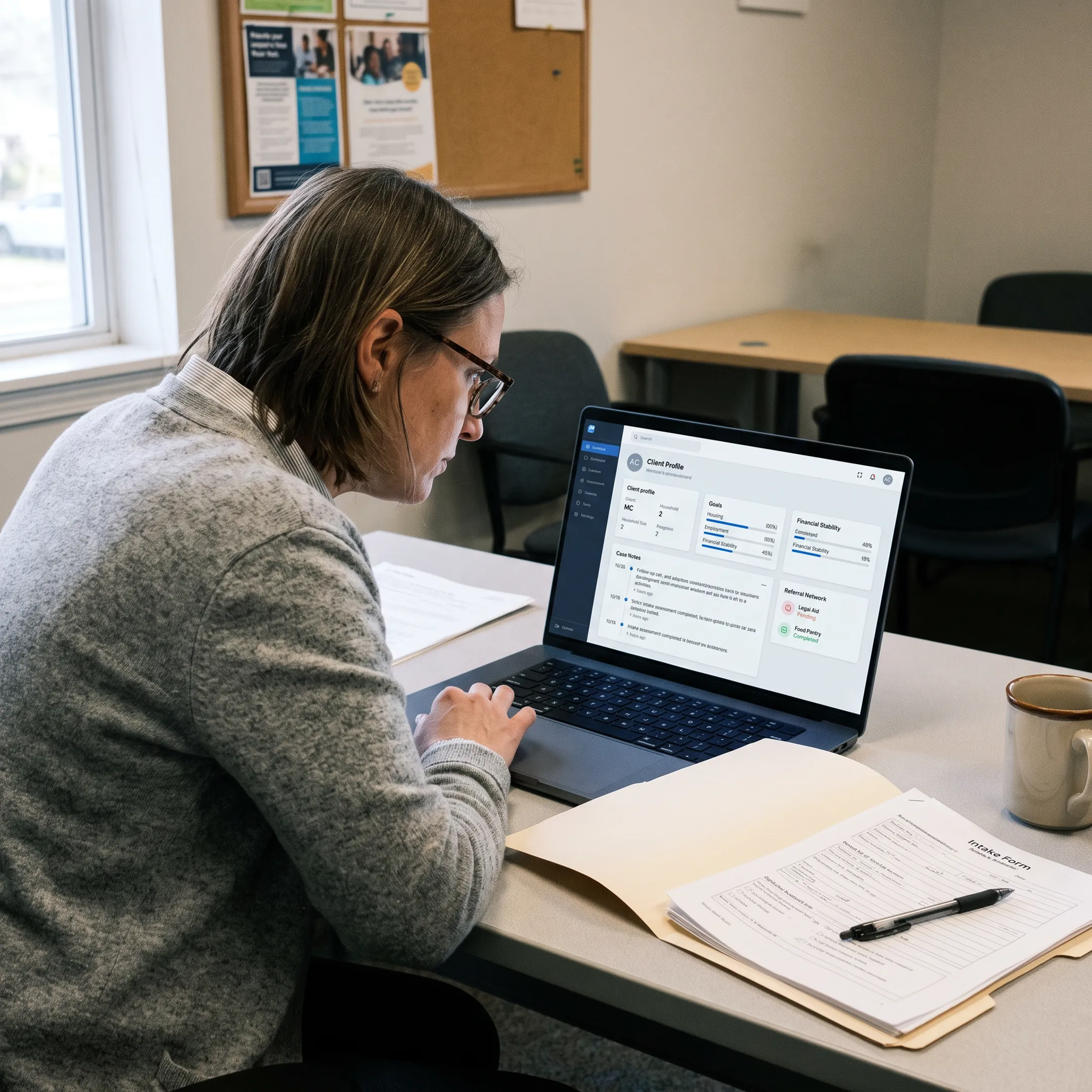 Caseworker using transitional housing software to review a resident’s progress on a laptop