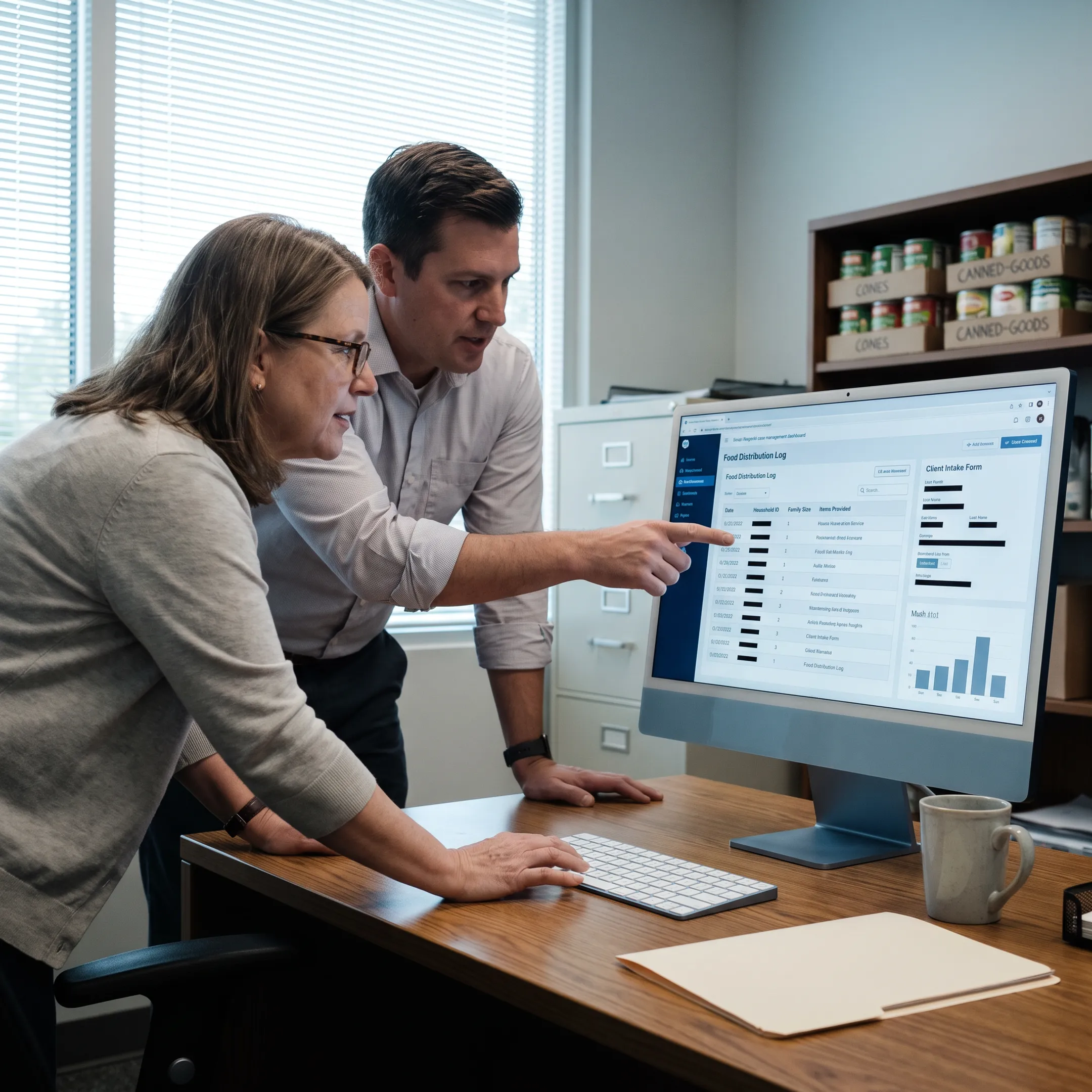 Nonprofit team reviewing food distribution records on a computer