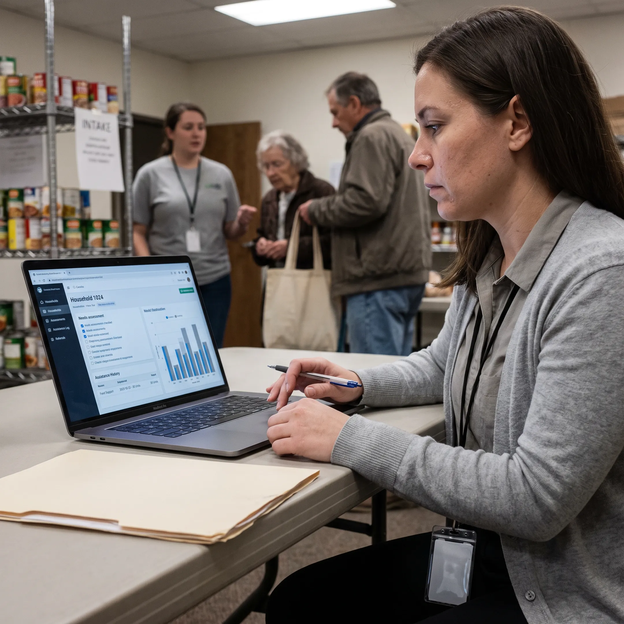 Staff member using food assistance management software at a community pantry