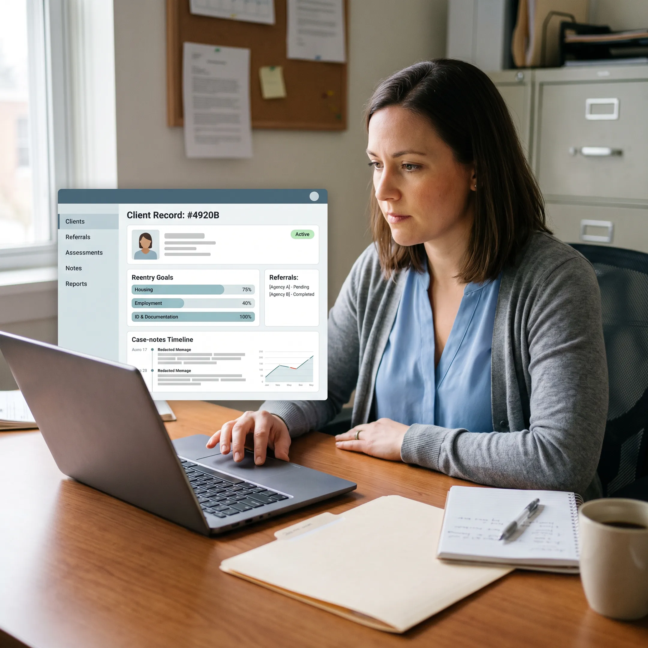 Caseworker reviewing a corrections client record on case management software
