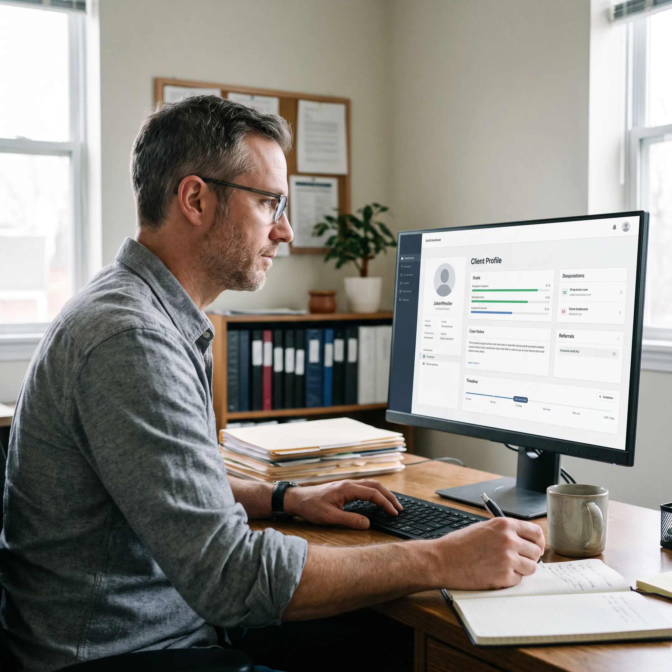 Reentry caseworker organizing client goals and referrals in software